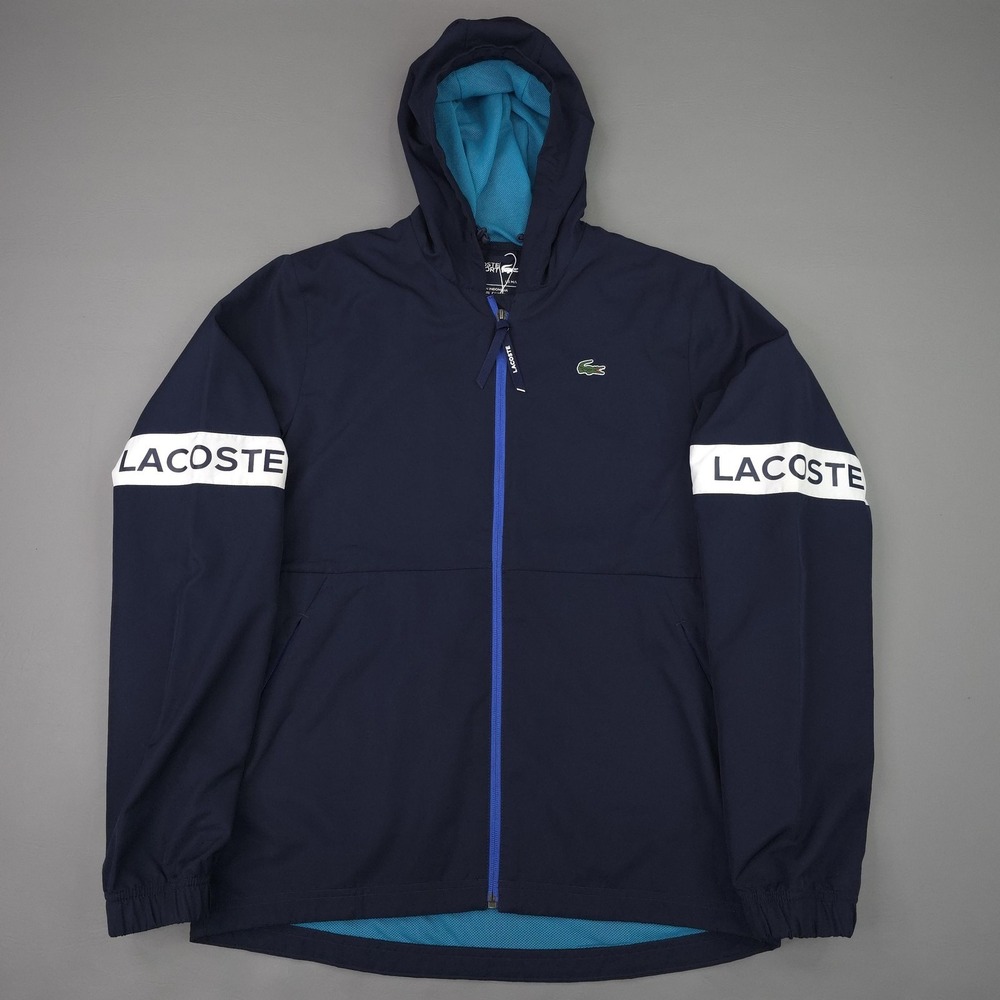 Lacoste Sport Jacket Mens M/L US FR 52 Blue Hooded Full Zip Windbreaker BH4826